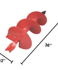 12 Inch Diameter Earth Auger Bit, 36 Inch Long With Fishtail Point And Patent Shock Spring displayed with measurements.