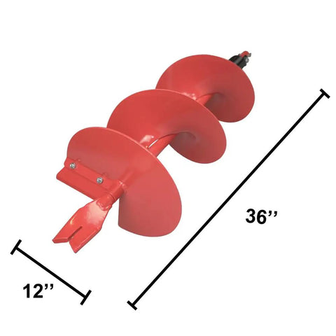 12 Inch Diameter Earth Auger Bit, 36 Inch Long With Fishtail Point And Patent Shock Spring displayed with measurements.