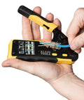Hand using crimping tool to install Modular Data Plug For CAT6A And Thicker CAT6 Cables, No Fuss Fast Pass Thru Install Ethernet Kit