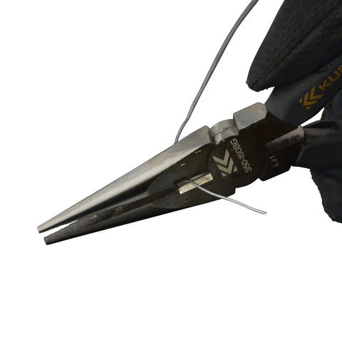 Radio Pliers With Cross Knurling Shaft Black Gold Finish cutting wire, showcasing precision and grip.