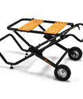 Portable Table Saw Stand With Rock Solid Folding Frame Roll It Around Shop Or Job Site On Grippy Eight Inch Wheels Supports 330 Pounds, showing black and orange folding design.