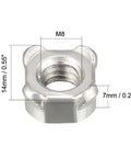 M8 Square Weld Nuts Featuring UNC Coarse Thread And Heavy Duty Carbon Steel Construction For Rugged Metal Fabrication and Furniture Assembly in a Solid Pack of Ten, 14mm size.