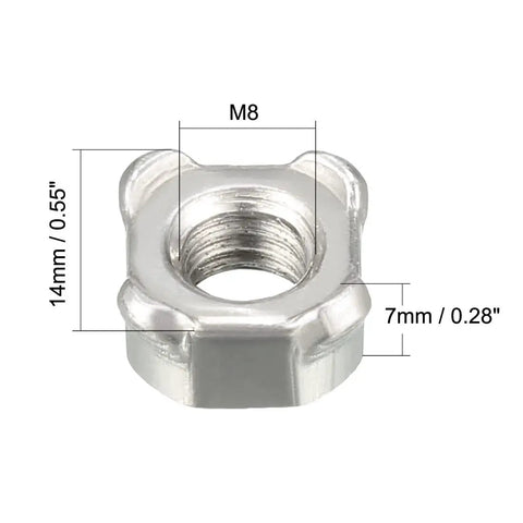 M8 Square Weld Nuts Featuring UNC Coarse Thread And Heavy Duty Carbon Steel Construction For Rugged Metal Fabrication and Furniture Assembly in a Solid Pack of Ten, 14mm size.