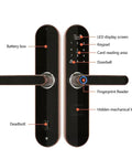Heavy Duty Fingerprint Smart Door Lock Featuring Built In Doorbell And Slick App Control Electronic Deadbolt close-up view with keypad and fingerprint reader.
