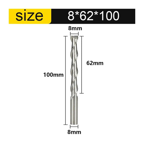 Top Shelf Precision 2 Flute Flat Nose Upcut Carbide Router Bit For Wood Mdf Pvc Cnc Milling Projects Featuring Rugged Blue Coating And Swift Chip Clearance, 8mm diameter, 62mm length, 100mm total length.