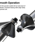 Close-up of Pro Grade Tungsten Carbide Router Bits Set with One Half Inch Shank, 12 piece multi-functional woodworking kit details.