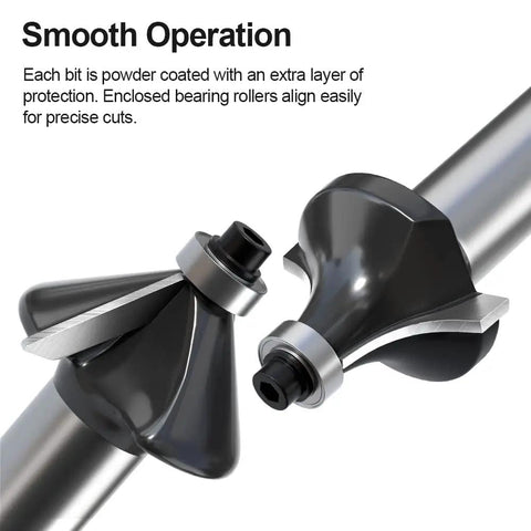 Close-up of Pro Grade Tungsten Carbide Router Bits Set with One Half Inch Shank, 12 piece multi-functional woodworking kit details.