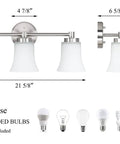 Dope Modern Brushed Nickel Vanity Light With Glass Shades, 3-Light Bath Bar, fixture dimensions and bulb types shown