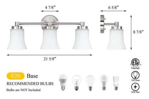 Dope Modern Brushed Nickel Vanity Light With Glass Shades, 3-Light Bath Bar, fixture dimensions and bulb types shown
