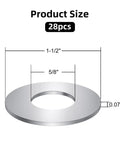 Diagram showing Twenty Eight Piece Five Eighth Inch Inner Diameter Fender Washers One And One Half Inch Outer Diameter 304 Stainless Steel 0.078 Inch Thick Heavy Duty Hardware Washers For Home Industrial Outdoor Use with dimensions 5/8" ID, 1-1/2" OD, 0.078" thick.