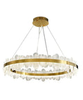 Modern LED Dimmable Pendant Lights With Brushed Gold Ring And Cut Crystal Glass For Dining Area, round fixture with clear glass.