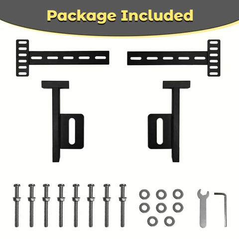 No Sweat Install Heavy Duty Headboard Brackets For Metal Bed Frame With Universal Adjustable Design and Rock Solid Footboard Extension Kit In Matte Black includes fixtures and hardware.