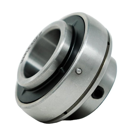 Maple Ace UC205 insert bearing, 25mm bore, spherical OD, set screws, angled front view