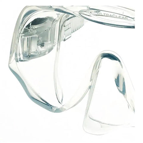 Close-up of frameless dive mask with large lenses and close fitting skirt for a comfy fit, squeeze to adjust buckles visible, clear lens medium