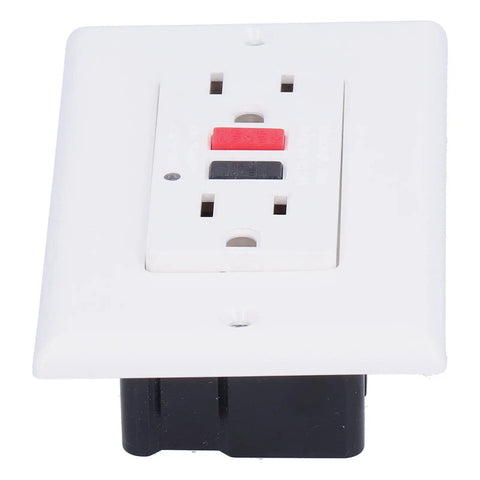 No Sweat GFCI Wall Outlet With Independent Safety Shutter Doors And Rock Solid Ground Fault Leakage Protection For Your Home Electrical Fix Ups At AC One Twenty Volts, white wall outlet with safety shutters and reset buttons.