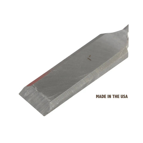 Close-up of Economy 3 Piece Wood Chisel Set with one inch hardened blade, mallet-ready steel cap, marked 'Made in the USA'.