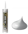 Pro Grade Siliconized Acrylic Water Based Caulk In Slate Gray in a tube and a droplet on a surface for sealing gaps.