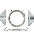 Anti Sag Gate Kit For Exterior Use With WeatherGuard Protection Zinc Plated Heavy Gauge Cold Rolled Steel Includes Top And Bottom Corner Braces And Mounting Hardware Keeps Gates Aligned With Up To Seven And A Half Feet Diagonal Bracing, showing brackets, cable, and turnbuckle.