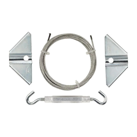 Anti Sag Gate Kit For Exterior Use With WeatherGuard Protection Zinc Plated Heavy Gauge Cold Rolled Steel Includes Top And Bottom Corner Braces And Mounting Hardware Keeps Gates Aligned With Up To Seven And A Half Feet Diagonal Bracing, showing brackets, cable, and turnbuckle.
