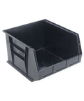 Heavy Duty Stackable And Hang Part Organizer Bins Set Black 3 Pack 18 Inch Long By 16.5 Inch Wide By 11 Inch High Eco Friendly Recycled Plastic Storage For Garage And Workshop, side view of a single black bin.