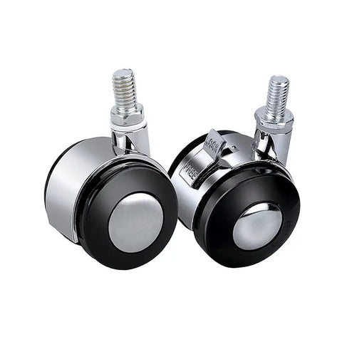 Rock Solid Four Pack Office Chair Casters Featuring Silent Rubber Wheels And Bulletproof Zinc Alloy Bases For Butter Smooth Rolling On Hardwood And Carpet Floors Guaranteed M8 Stem Thread, close-up view of two casters.