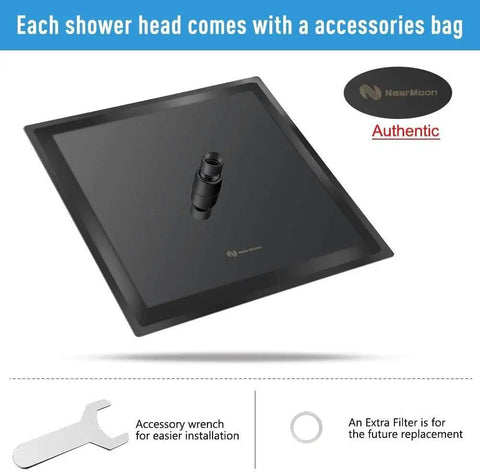 Ultra Thin 12x12 Inch Matte Black Square Rain Shower Head With High Flow Waterfall Design Ceiling Or Wall Mount Stainless Steel Shower Fixture For Crazy Power And Spa Level Shower Experience displayed with accessories and installation wrench