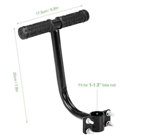 Rear Seat Armrest For Bikes With Non Slip Handlebar Grip Bend Design Grip Friendly Slip Resistant Comfort For Mountain And Road Bikes Durable Iron Construction Safe And Chill Ride, shown with dimensions and fit for 1-1.3 inch bike rod