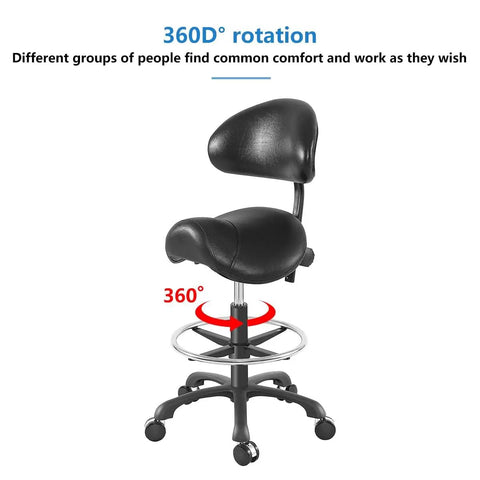 Ergonomic Adjustable Drafting Chair With Oversized Saddle Seat For Salon And Workshop, shown with 360-degree rotation.