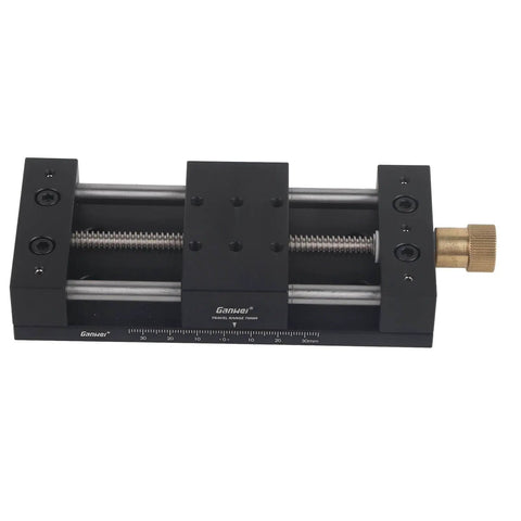 Built Tough Aluminum Linear Stage Actuator And Precision Sliding Table Smooth Operator Handle With Seventy Five Millimeter Stroke Range For Pro Grade Mechanical Engineering Setup, top view of linear actuator, black anodized aluminum.