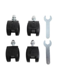 Four black plastic heater caster wheels with brakes (40x30mm, 8mm thread) and two wrenches