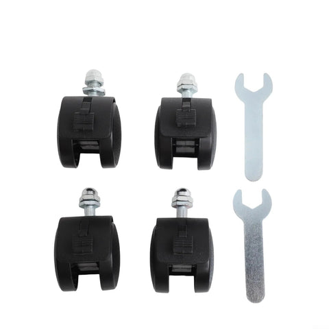 Four black plastic heater caster wheels with brakes (40x30mm, 8mm thread) and two wrenches