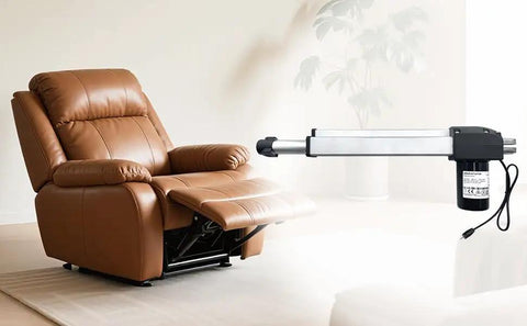 Solid Replacement Power Recliner Actuator Motor Model LMD6208C1 Linear Actuator next to a brown recliner chair in living room.