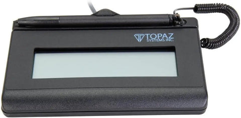 Smart Electronic Signature Pad With Pressure Sensitive Surface And Bright Transflective Lcd, top view with stylus attached.