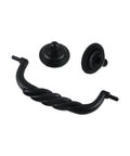 Black Zinc Alloy Cabinet Ring Pull Handles Set Of 2 With Screws, Vintage drawer pulls, black twisted design, parts displayed.