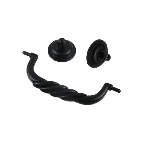 Black Zinc Alloy Cabinet Ring Pull Handles Set Of 2 With Screws, Vintage drawer pulls, black twisted design, parts displayed.