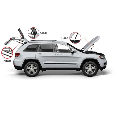 Top Shelf Two Piece Front Hood Lift Supports For 2010 To 2016 Sports Utility Vehicles Heavy Duty gas struts shown on a silver SUV with hood open.