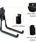 Close-up of Heavy Duty Slatwall Hooks 14 Pack Black For Garage Organization And Tool Storage, showing heavy-duty iron material with anti-slip rubber coating and excellent welding.