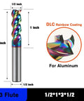 Front view of square carbide end mill bit, 1/2 inch shank, 3 inch OAL, 3 flutes, rainbow DLC coating for aluminum