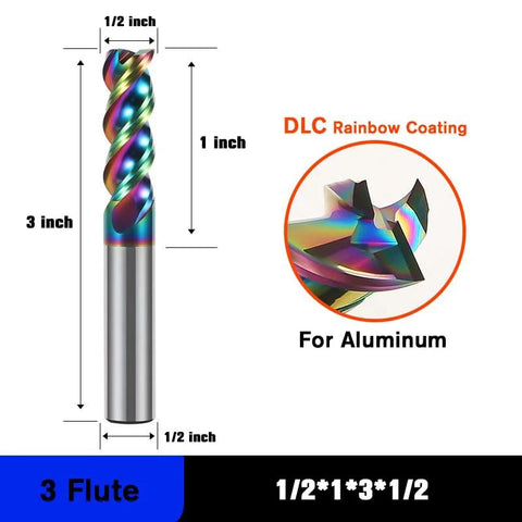 Front view of square carbide end mill bit, 1/2 inch shank, 3 inch OAL, 3 flutes, rainbow DLC coating for aluminum