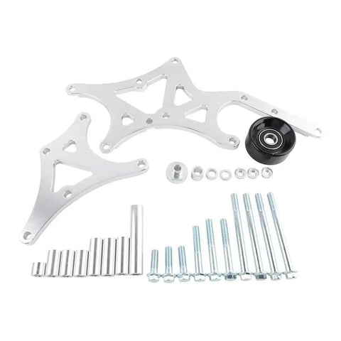 Driver Side Transmission Mount Bracket Kit For LS Trucks And SUVs 1999 To 2014 Engine Family With Alternator And Power Steering Pump Mounts Bolt On Heavy Duty Aluminum Build Easy Fit Car Accessory silver aluminum brackets, bolts, and pulley