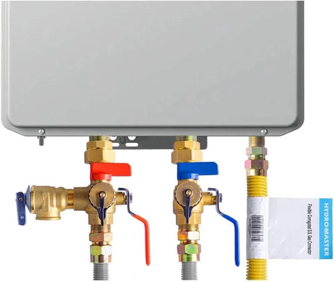 Hydro Master safety relief valve with 3/4 in thread, 30 PSI ASME hot water system; red and blue shutoff valves.