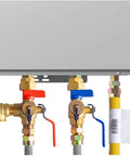 HydroMaster safety relief valve with 3/4 in threads; brass shutoff valves with red and blue handles under a gray box