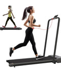 Slick Foldable Treadmill With Bright Led Display And Handy Remote Control Badass Under Desk Walking Pad For Smooth Home Office Cardio Sessions, showing a woman jogging.