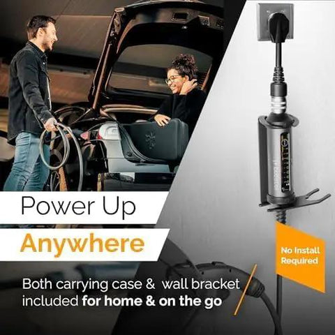 Hecka Quick Forty Amp Level 2 Portable EV Charger with durable 25 ft cord, plugs into home outlet and includes carrying case.