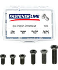 Black Torx Screws Assortment Kit With Weaver Oval Heads Includes T10 And T15 Sizes For Diy And Garage Work Contains 120 Pieces, showing assorted sizes of screws.