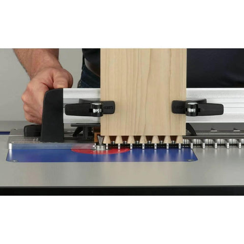Router Table Dovetail Joinery Jig For Smooth, Stable, Repeatable Dovetail Cuts On Fine Woodworking Projects in use with wood piece