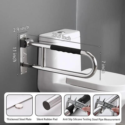 Solid 23.6 Inch Flip Up Toilet Grab Bar With Hella Secure Soft Silicone Anti Slip Grip And Built In Roll Holder Rock Solid 304 Stainless Steel U Shaped Safety Rail for wet bathrooms, mounted next to toilet.
