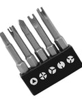 Heavy Duty 5 Pc 1/4 Hex Shank Magnetic Screwdriver Bit Set Featuring U Shape Y Type Inner Cross Three Point Special Heads Built Different With Durable S2 Steel For Power Drills Top Shelf Ace, showing five steel bits in holder.