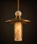 Modern Brass Pendant Chandelier Light Fixture with Alabaster Cylinder Shade Luxury Natural Stone Hanging Ceiling Light with Spherical Marble Accent for Kitchen Dining Room, Bar & Living Room showcasing brass and alabaster design.
