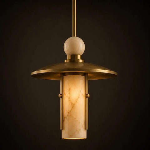 Modern Brass Pendant Chandelier Light Fixture with Alabaster Cylinder Shade Luxury Natural Stone Hanging Ceiling Light with Spherical Marble Accent for Kitchen Dining Room, Bar & Living Room showcasing brass and alabaster design.